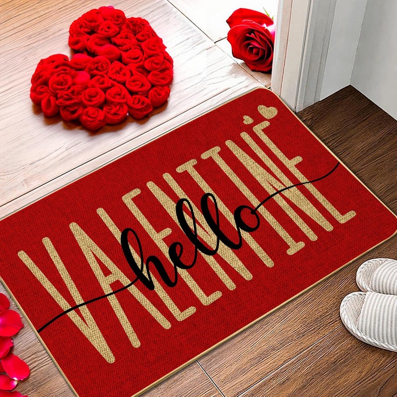 ARTDMT Red Hello Valentine's Day Welcome Decorative Doormat, Seasonal Wedding Anniversary Couple Non-Slip and Washable Seasonal Holiday Low-Key Floor Mat Indoor Outdoor - Image 1